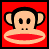 Pixelated monkey face with large red lips, black hair, and beige skin on a solid color background.