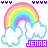 Pixelated rainbow and cloud icon with purple text 'JENNA' on white background, showing animation variations in cloud outlines and top border elements.
