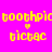 Pixelated yellow text 'toothpic' and 'ticpac' with small pink hearts on a bright magenta background, alternating blue rectangular blocks.