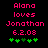 Pixelated text reads 'Alana loves Jonathan 6.2.08' with green clover symbols below, displayed in two side-by-side frames showing animation changes.