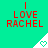 A static image with a bright green background displays repeated red text "I LOVE RACHEL" and white triangular shapes containing green hearts.