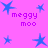 A static image with a bright pink background featuring scattered blue star shapes and repeated purple text reading "meggy moo" in pixelated font.