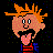 Pixelated cartoon character with spiky orange hair, red striped shirt, blue collar, and pink tongue sticking out against black background.