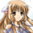 Pixelated anime-style character with long brown hair, bangs, and a blue outfit featuring white accents, set against a plain background.