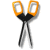 Six sequential frames of an animated scissors icon showing opening and closing motion on a transparent background.