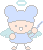 Pixel art angel character with blue hair and wings holding a sword, shown in two animation frames on gray background.
