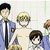 Animated sequence of anime-style characters in blue uniforms with black ties, showing a partial crop change where the rightmost character is removed.