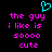 A static pixel art image with a black background, cyan heart symbol above pink text reading "the guy i like is soooo cute".