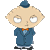 Pixelated cartoon character with large eyes, blue suit, orange bow tie, and small hat standing against gray background.