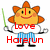 Pixelated character with orange sun-like head, yellow face, red vertical forehead mark, smiling expression holding green lightsaber and black object.