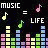 Pixelated graphic with 'MUSIC = LIFE' text, musical notes, and color-coded audio equalizer bars on black background.