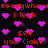 Pixelated red text and pink hearts on black background with repeated phrases 'everywhere i look i see you (joke)' in a static composition.