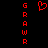 Red pixelated text 'GRAW' vertically aligned on both sides of a central red heart symbol against black background.