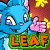 A 5-frame animated contact sheet showing a blue cartoon dragon with pink ears and hands giving a thumbs-up gesture, surrounded by yellow starbursts on a red background, with the word "LEAF" in orange text outlined in green at the bottom of each frame.