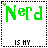 Green pixelated text 'Nerd' and smaller text 'IS MY MIDDLE NAME' on white background with dotted border, showing animation progression from intact to fragmented pixels.