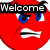 Red circular face with blue eyes and angry expression, brown skateboard, white dog-like animal, text overlays reading Welcome 22222 Benl5's Site.