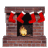Brick fireplace with four red Christmas stockings hanging from mantel, animated flames in firebox