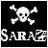 Two side-by-side pixelated images of a skull and crossbones symbol with 'SARNE' text below, one on black background and the other on white background.