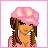 Pixelated of nine showing a character's outfit and text phrases in pink font on white background