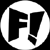Two circular icons display a stylized 'F!' symbol with inverted color schemes, one white-on-black and the other black-on-white.