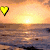 Animated sequence of heart-shaped icons changing color over a sunset ocean background with visible sun reflection on water.