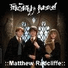 Three figures in dark robes stand before a stone archway with stained glass windows, text overlays reading 'February 2000' and 'Matthew Radcliffe' appear at top and bottom.
