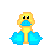 Pixel art contact sheet of a yellow duck mascot with blue wings across eight frames showing variations in accessories and text elements.
