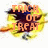 Pixelated orange text 'TRICK OR TREAT' overlaid on a yellow circular background with dark central shapes and scattered light-colored pixels.