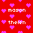 Red background with pink pixelated hearts and repeated white text reading 'mason' and 'thelen' in a pattern