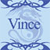 A static pixelated image shows the name "Vince" in dark blue letters over a light blue background with abstract blue shapes.