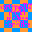 Pixelated text in pink on blue and orange checkered background with repeating patterns.