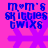Blue text reading "m*m's skittles twixs" on a pink background with a purple star-like shape, animated with color shifts.