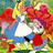 Animated sequence of Alice in blue dress and white apron dancing with a character in red outfit against green background.
