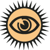 Two identical circular icons with orange centers, black eye symbols inside, and radiating black spikes around the perimeter.