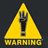 Yellow warning triangle with hand symbol and "WARNING" text; adjacent yellow-bordered sign with stylized letters and partial text reading "SEVERE".