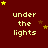 Red background with yellow text 'under the lights' repeated in a , surrounded by small yellow and brown stars
