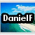 A static image of a beach scene with text overlays reading "DanielF Loves The Gold Coast" in bold white letters on black rectangular backgrounds.