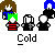 Animated sequence of pixel art figures and blue spider icons with 'Cold' text beneath each frame on gray background.