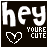 Nine identical black square icons display white text 'hey' and 'YOURE CUTE' with a pixelated heart symbol, arranged in a