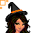 Pixel art witch with orange and black outfit holding a pumpkin, displaying four sequential expressions from left to right.
