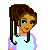 Pixel art buddy icon featuring a female character in light blue and purple outfit with brown hair, alongside text "Notice Me" on cyan background with red hearts and stars.