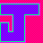 A static 48x48 pixel buddy icon featuring a bold, blocky letter 'T' shape with layered borders in bright neon colors against a checkered background.