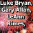 Pixelated text listing names over a red and black background with light effects.