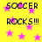 Yellow background with pink stars and repeated text "SOCCER" and "ROCKS!!!" in black pixelated font.
