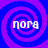 Four identical spiral patterns in blue and purple with the text 'nora' in white pixelated font centered in each spiral.