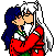 Pixel art of two anime characters kissing, one with long dark blue hair and red clothing, the other with white hair tied in a ponytail and red clothing.
