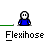 Pixelated character in blue shirt with white face and black eyes, standing above green line on gray background; text "Flexihose" below.