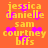 Pixelated orange background with yellow text and pink hearts, displaying names 'jessica danielle', 'sam', 'courtney bffs' in a pattern
