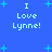 Blue background with light blue plus signs and repeated text "I Love Lynne!" in white pixelated font.