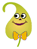 Animated green leaf-shaped character with large white eyes, dark purple nose, and orange bow tie; left view shows closed smile, right view shows open mouth with pink tongue.